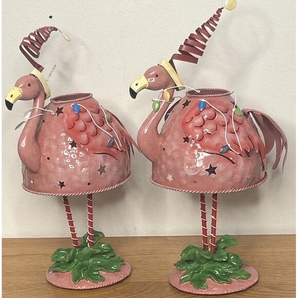 Christmas Pink Flamingo Tea Light Candle Holder Metal 12” Arizona Florida Set 2 - Picture 1 of 4